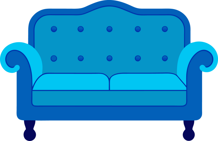 A blue couch with white cushions